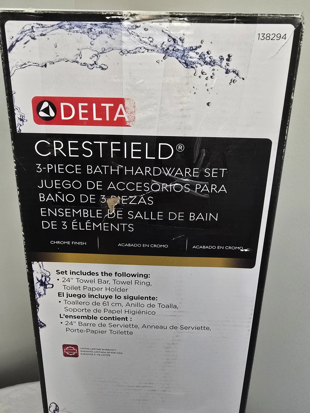 Delta Crestfield 3 Piece Bath Kit 138294 Chrome Towel Bar Ring Toilet Paper Hold